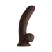 Mahogany realistic dildo with downward curve, textured balls, and suction cup base in liquid silicone.