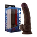 Mahogany realistic dildo with balls and suction cup base displayed next to blue packaging box.