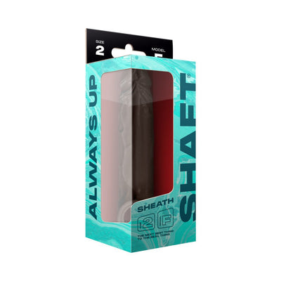Shaft Model F Sheath in mahogany color displayed in turquoise and black packaging, size 2, designed for realistic feel.