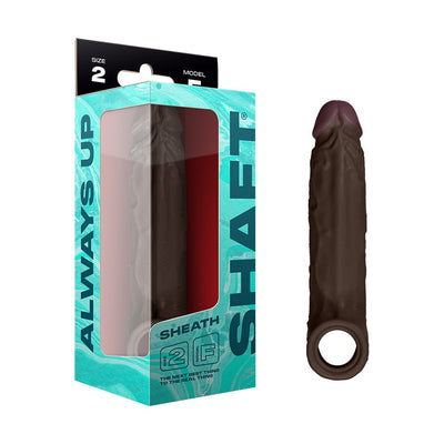 Realistic mahogany-colored silicone sheath with textured surface and finger loop, displayed next to turquoise packaging.