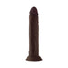Dark brown 9.5-inch liquid silicone dildo with realistic texture and suction cup base.