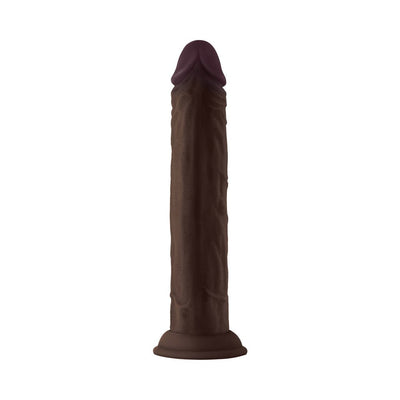 Dark brown realistic dildo with a straight shaft and suction cup base made from soft liquid silicone.
