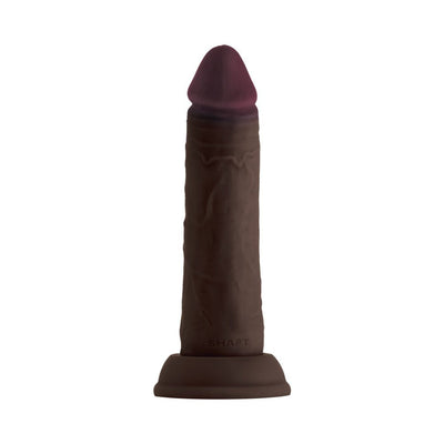 Realistic dark brown silicone dildo with suction cup base and detailed texture, 6.5 inches long.