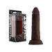 Shaft Model J 6.5 inch liquid silicone dildo in dark brown with suction cup base and packaging box.