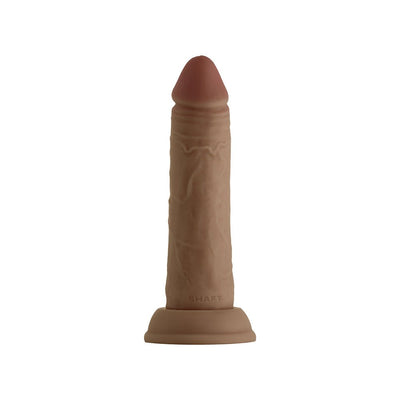 Realistic 6.5-inch liquid silicone dildo with suction cup base in natural skin tone, Model J by Shaft.