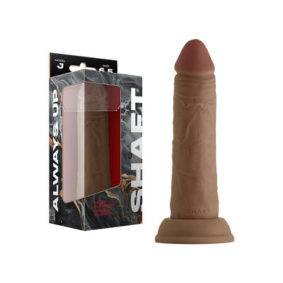 6.5-inch realistic brown silicone dildo with suction base next to black and marble patterned packaging.