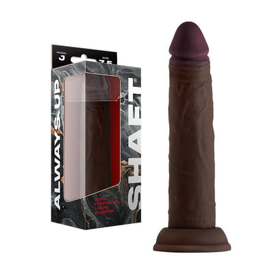 Realistic 7.5-inch brown silicone dildo with suction base next to black and marbled packaging box.
