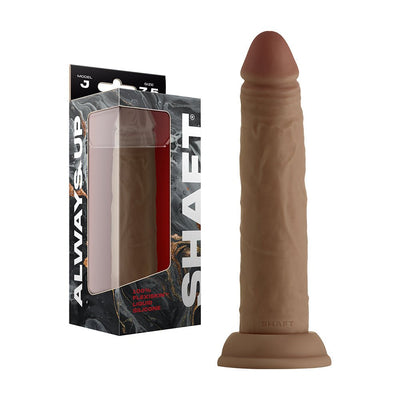 Realistic brown 7.5-inch silicone dildo with suction cup base and packaging showing Shaft Model J branding.