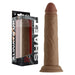 Realistic 8.5-inch brown silicone dildo with suction cup base and textured veins, displayed next to its black and marble packaging.
