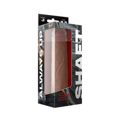Model J 8.5-inch realistic liquid silicone dildo in flesh tone with suction cup, displayed in black and red packaging.