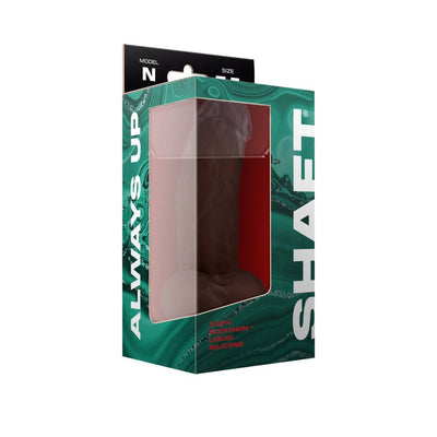 Shaft Model N liquid silicone dildo in pine color displayed in green and black packaging with clear window and ALWAYS UP branding.