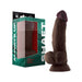 Realistic 7.5-inch liquid silicone dildo with balls in pine color next to green and black packaging box