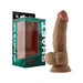 Realistic 7.5-inch liquid silicone dildo with balls and suction base in pine color next to its packaging box.