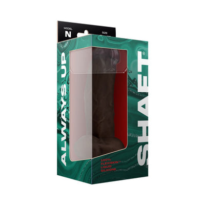 Packaging box of Shaft Model N liquid silicone dildo with balls, featuring green and black design and clear window display.