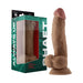 Realistic 8.5-inch liquid silicone dildo with anatomical curve and balls, shown with packaging box.