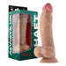 Realistic 9.5-inch liquid silicone dildo with anatomical curve and suction base next to green packaging box.