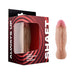 Realistic silicone vibrating bullet dildo in pine color next to its red and black SHAFT branded packaging.