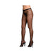 Model wearing sheer black open-crotch pantyhose paired with black high-heeled sandals on white background.