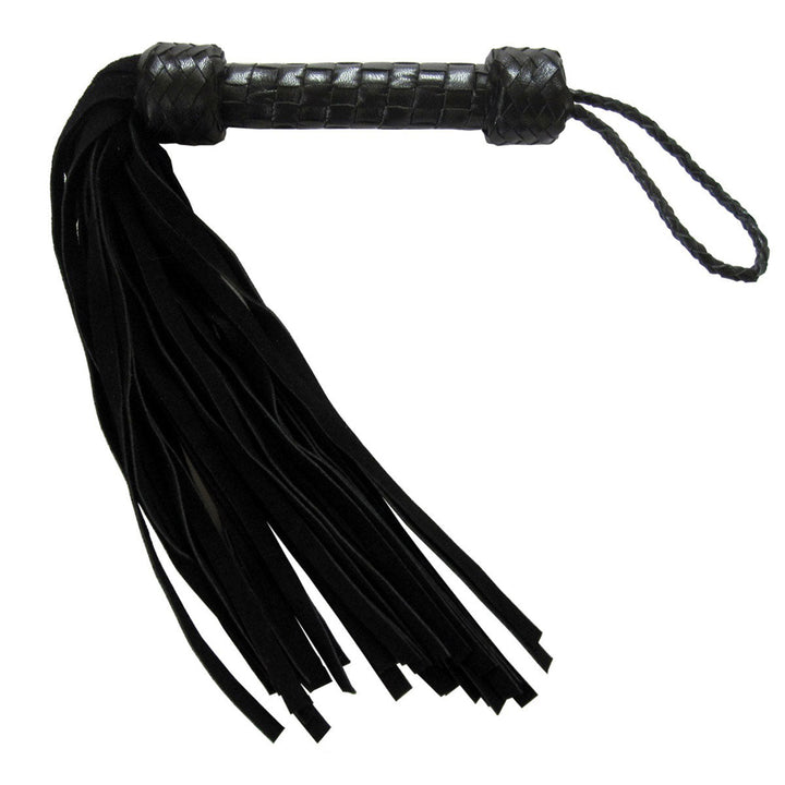 Black short suede flogger with braided leather handle and wrist loop on white background