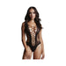 Woman wearing black contrast fence net teddy with deep-V neckline and cutout details on front and sides