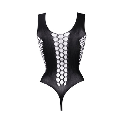 Black contrast fence net teddy with deep scoop neckline and open mesh pattern down front and sides.