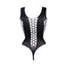 Black contrast fence net teddy with deep scoop neckline and open mesh pattern down front and sides.