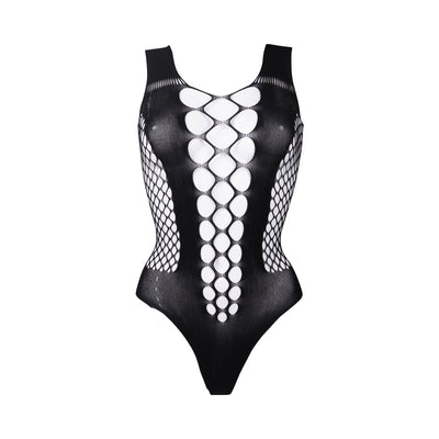 Black contrast fence net teddy with large cutout pattern and sleeveless design on white background.