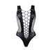Black contrast fence net teddy with large cutout pattern and sleeveless design on white background.