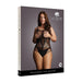 Plus size model wearing black stretch-fit contrast net teddy with shredded bottoms on packaging box.