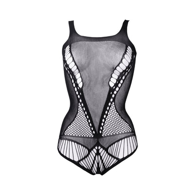Black stretch-fit net teddy with contrast opaque sides and shredded bottom design, flexible fit S to XL.