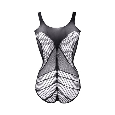 Black stretch-fit teddy with contrast net patterns and shredded design on the bottom, sleeveless with scoop neckline.