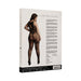 Packaging of Shots Le Desir black lace criss-cross neck bodystocking with model showing back view and product details.