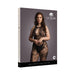 Plus size model wearing black lace bodystocking with criss-cross neckline and floral pattern on packaging box.