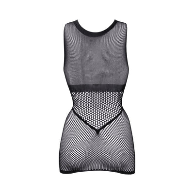 Black fishnet mini dress with high neck, open cup design, and contrasting mesh patterns accentuating the waist and hips.