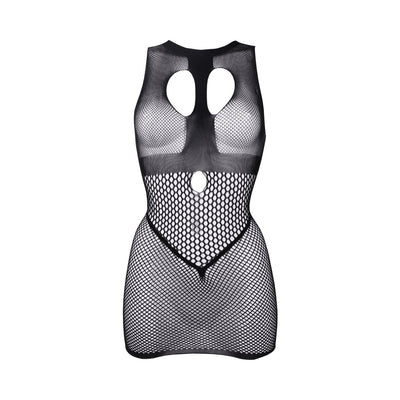 Black high neck mini dress with open cup design and mixed fishnet patterns, featuring cut-out details and a fitted silhouette.