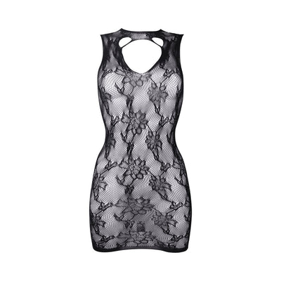 Black lace mini dress with floral pattern and high open neckline, sleeveless with a fitted silhouette.