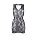 Black lace mini dress with floral pattern and high open neckline, sleeveless with a fitted silhouette.