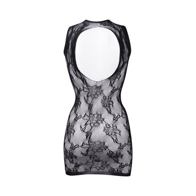 Black lace mini dress with floral pattern and large open back detail, fitted silhouette.