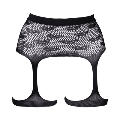 Black fishnet garterbelt with playful kiss patterns and attached leg bands for a secure fit.
