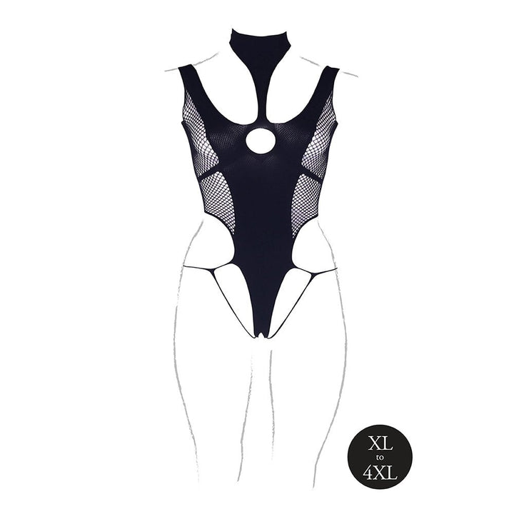 Black turtleneck bodysuit with cutouts and mesh panels, designed for XL to 4XL sizes.