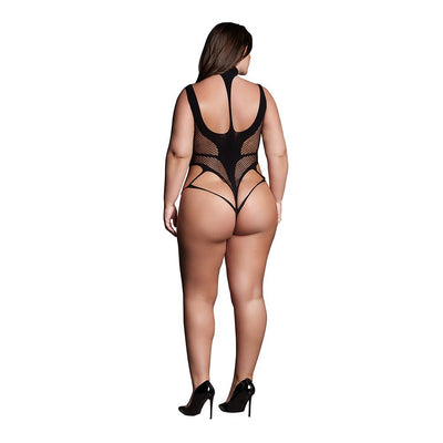 Plus size black bodysuit with turtleneck and mesh detailing, shown from the back with high heels.
