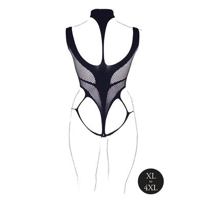 Black fishnet bodysuit with turtleneck and cutout design, shown on a minimalist body outline, size XL to 4XL.