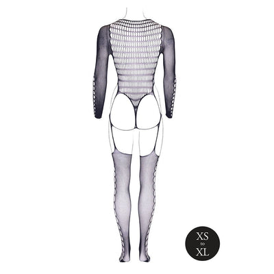 Black fishnet bodystocking with turtleneck and open back design, featuring long sleeves and thigh-high detailing.