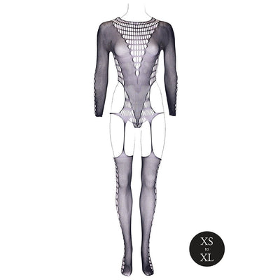 Black fishnet bodystocking with turtleneck and intricate cut-out patterns, available in sizes XS to XL.
