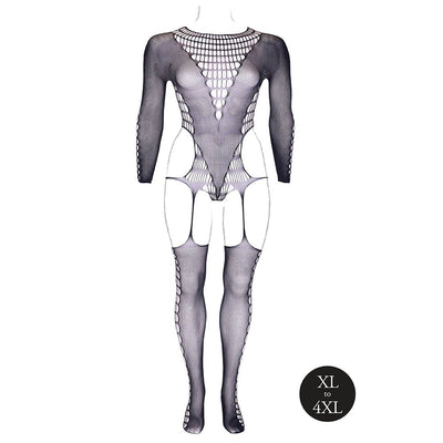 Black fishnet bodystocking with turtleneck, long sleeves, and cut-out details, designed for sizes XL to 4XL.