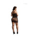 Plus size model wearing a black strapless mini dress with lace and fishnet detailing, shown from the back with black heels.