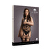 Plus size model wearing black high-neck fishnet suspender bodystocking with keyhole design on packaging box.