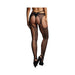 Back view of black suspender pantyhose with strappy waist and open criss-cross fishnet design paired with black heels.