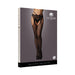 Black fishnet suspender pantyhose with strappy waist and open thigh design on packaging box.