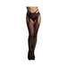 Black fishnet suspender pantyhose with strappy waist and open cutout design, styled with black high heels.